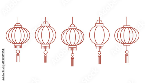 Chinese lanterns in a row line hanging lanterns tassels chinese culture in white background.
