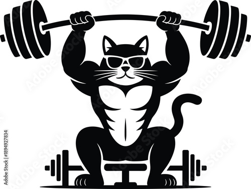 Cool muscular cat weightlifting illustration with sunglasses, strong fitness mascot lifting barbell overhead, black and white vector gym strength training concept