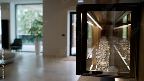 Tablou pe pânză Elegant crystal drinking glasses neatly arranged on a reflective shelf inside a modern, illuminated display case