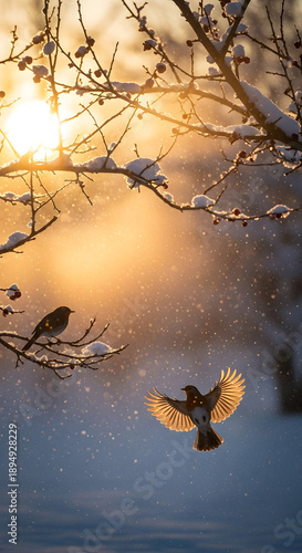 Birds in snowy branches at sunrise, glowing spring transition landscape with flying songbird and golden sunlight