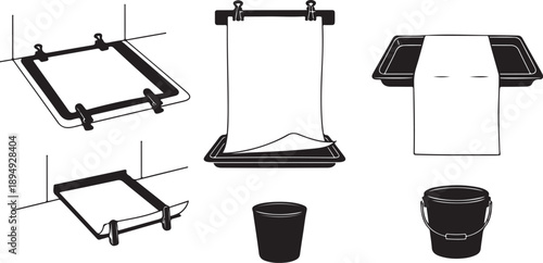 Black and white illustration of painting equipment set