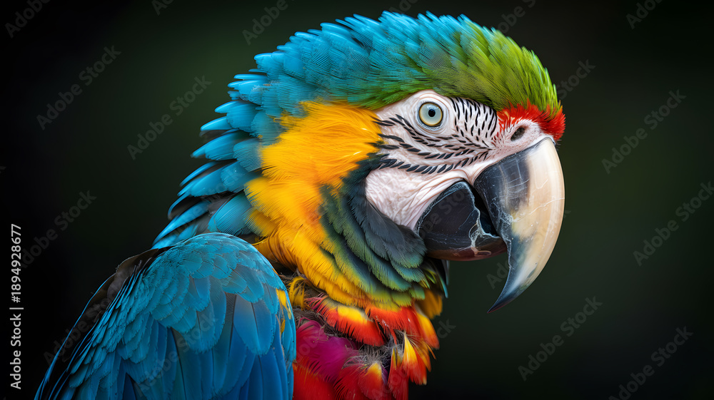 Obraz premium A vibrant parrot with colorful feathers and a large beak is shown in a close-up portrait against a dark background.