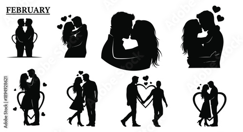 Couple silhouettes embracing and kissing on valentine's day