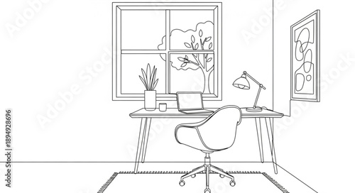 Minimalist home office desk setup with laptop and lamp.