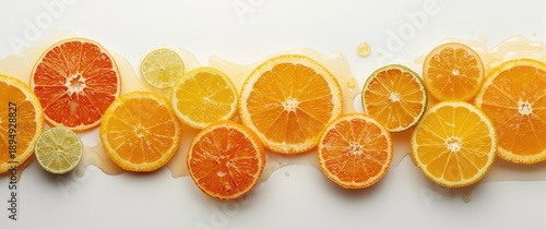 Fruit slices including oranges, lemons, limes, and mandarins on a white background, emphasizing food, health, and freshness, with green, orange, and splash effects