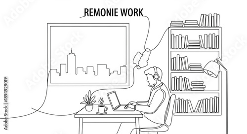 Man working remotely from home office setup illustration.