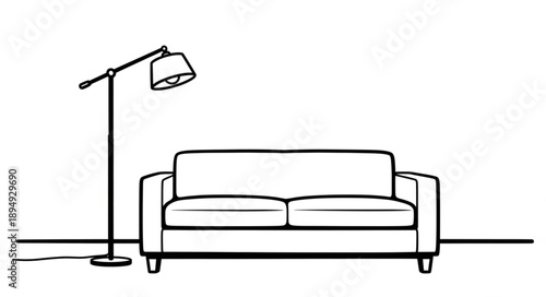 Minimalist drawing of a modern sofa with a floor lamp.