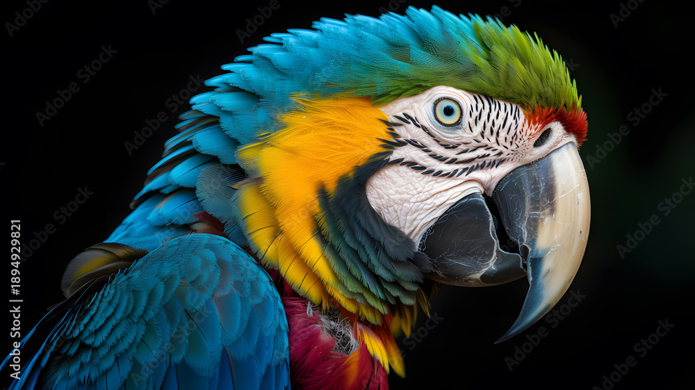 Obraz premium A vibrant parrot with colorful feathers and a large beak against a dark background