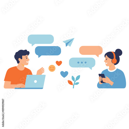 Friendly chat scene with laptop and phone