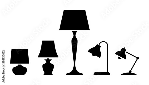 Black lamp silhouette vector set showing modern table and desk lamps isolated on white background, minimal interior lighting icons collection