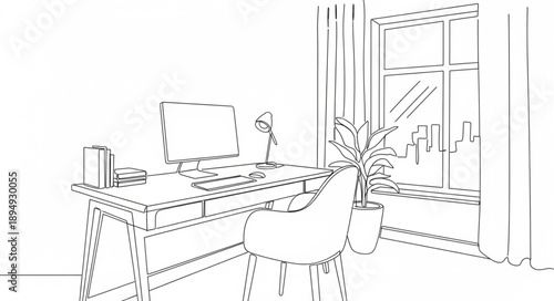 Minimalist Home Office Desk Setup with Computer and Plant.