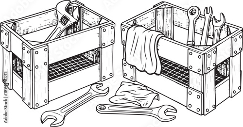 Tools and equipment in metal toolboxes with wrenches inside