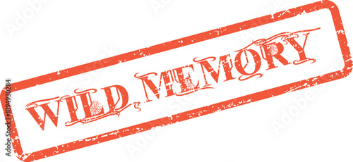 Distressed red rubber stamp impression with the words Wild Memory in a decorative font