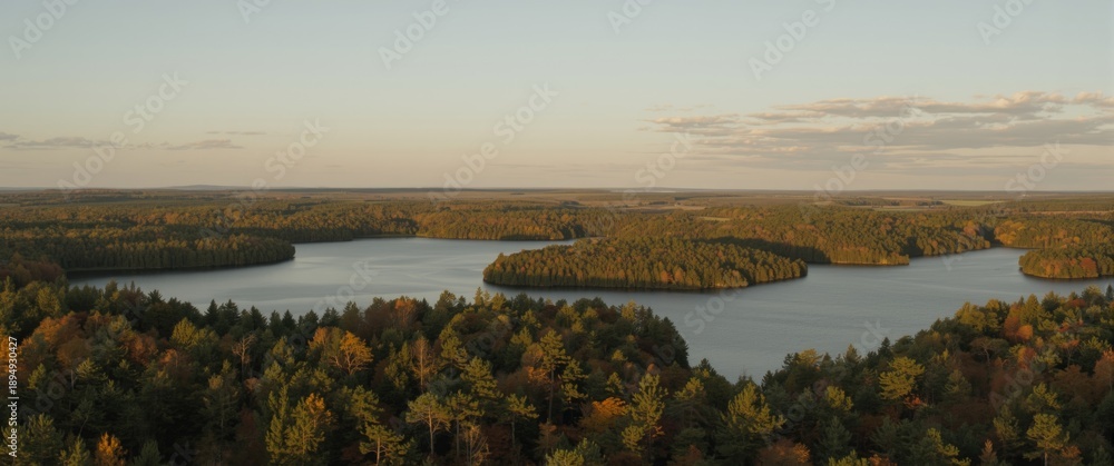 Obraz premium Aerial perspective of a lake amidst Lithuanian forests, untouched nature
