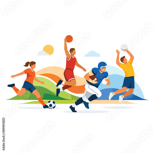 Dynamic sports activities featuring diverse athletes