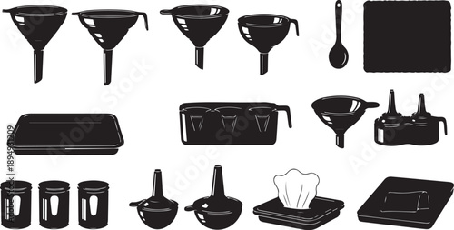 Black kitchen utensils and gadgets on white background illustration