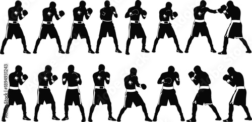 Professional Boxer Silhouette Collection Featuring Boxing Stance Punching Jab Hook Uppercut Fighting Poses Martial Arts Training Fitness Exercise Vector Illustrations
