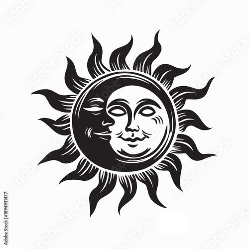 Sun Moon Harmony Vector. Black and white Sun Moon Harmony Image Vector 