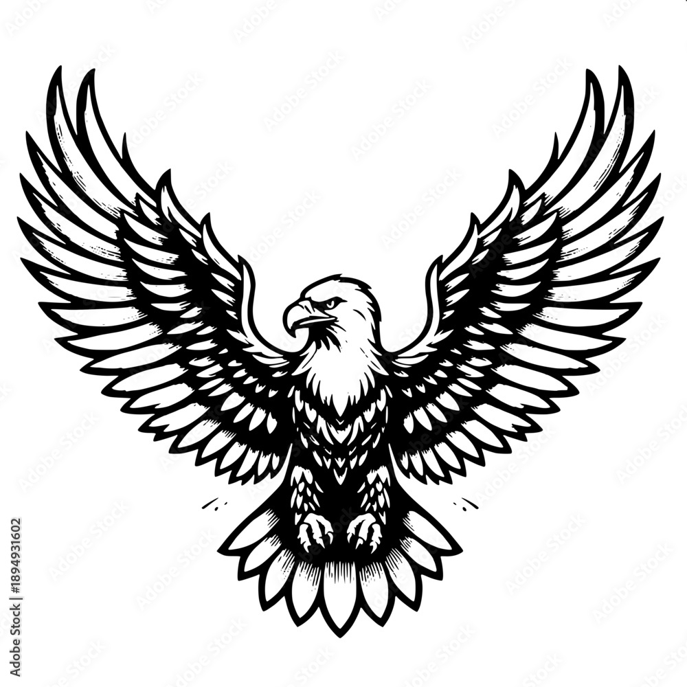 Fototapeta premium Royal eagle logo, wings spread, wearing crown, black and white vector illustration, bold outlines, white background