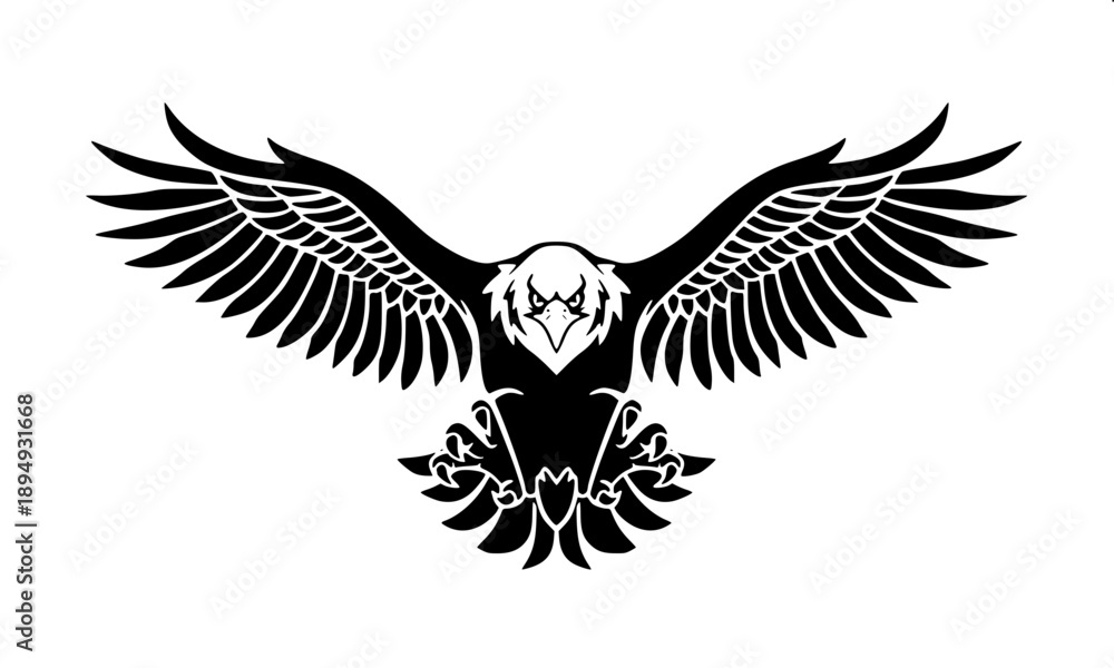 Obraz premium Royal eagle logo, wings spread, wearing crown, black and white vector illustration, bold outlines, white background