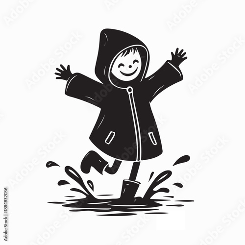 Child in raincoat and red boots jumping over puddle with water splash illustration