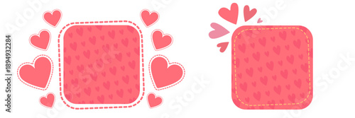 Romantic pink heart frame set with stitched borders, square decorative templates for Valentine s Day social media posts, stickers and labels isolated on white