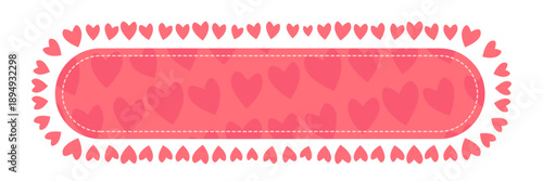Valentine s Day horizontal pink banner with heart pattern and stitched frame, romantic header template for sales and greetings isolated on white background.