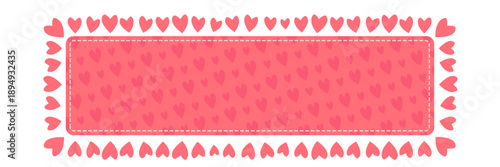 Valentine s Day horizontal pink banner with heart pattern and stitched frame, romantic header template for sales and greetings isolated on white background.