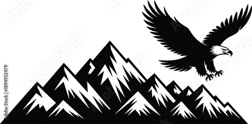 Flying Eagle Over Mountain Peaks Silhouette Illustration, Powerful Wildlife Bird Symbol, Freedom, Strength, Adventure, Nature Landscape, Minimal Black And White Vector Design