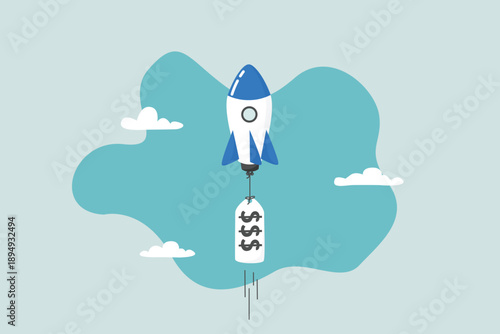 Inflation causes prices to rise, stocks or funds become overpriced, the concept of decreasing consumer purchasing power, rockets tied with product price tags fly high in the sky.