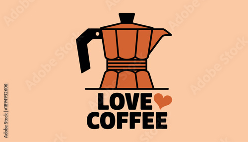 Orange coffee maker with love coffee text espresso maker in white background.