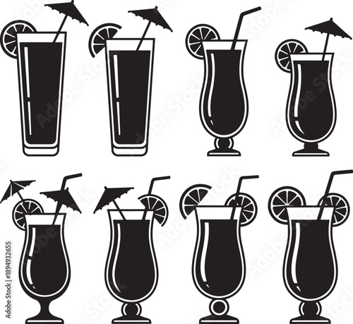 Set of 8 Tropical Cocktail Glasses with Umbrellas and Straws Vector Illustration