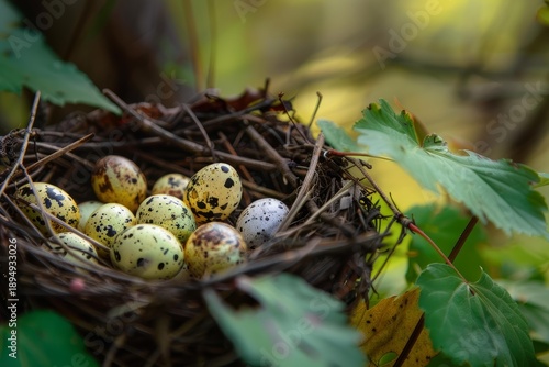 Small speckled eggs resting in a bird's nest nestled among green leaves, evoking the anticipation of new life in a wildlife sanctuary