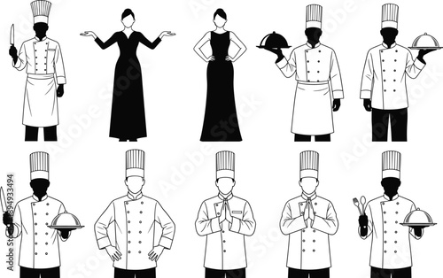 Set of professional restaurant staff silhouettes including executive chefs with knives and trays, hostesses in evening gowns, and welcoming servers