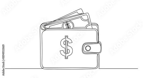 Simple Line Drawing of Wallet with Money.