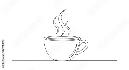 Steaming Coffee Cup Simple Line Drawing.