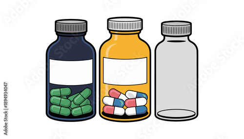 Pharmacy, medicine and healthcare types of medicaments, drugs, pills in yellow bottle. Flat vector illustration isolated. Healthcare items, medicament icon set. isolated vector pharmaceutical.