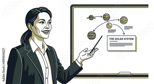 Woman in Suit Pointing at Solar System Diagram.