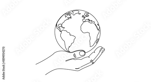 Hand Holding Globe Simple Line Art.