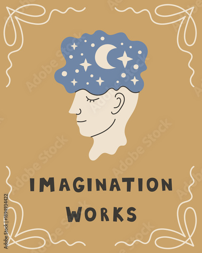 Imagination Quote Poster. Conceptual mind vector illustration with dreamy symbols highlights ideas, thinking power, playful creativity, retro charm, minimal flat vector design