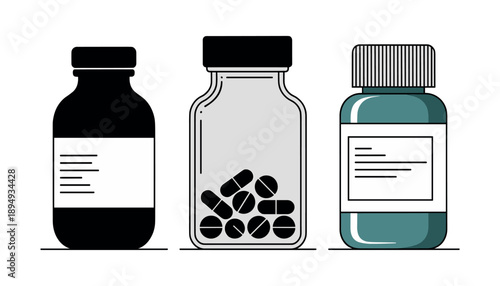 Three medicine bottles with pills and different colored liquids medication pharmaceuticals