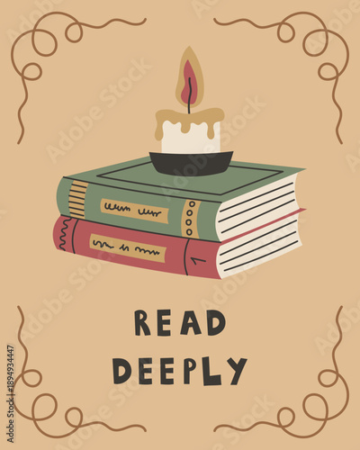 Literary Poster with Books. Stacked volumes with candlelight convey focus, knowledge, study mood, quiet atmosphere, vintage aesthetics, clean minimal vector illustration