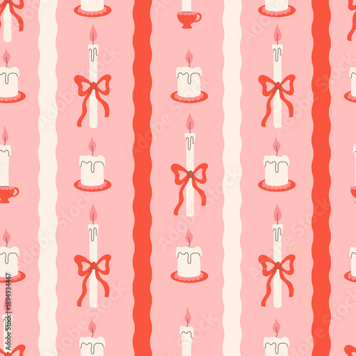 Pink Candles and Stripes Seamless Pattern. Coquette Romantic Striped background with bow ribbon lace elements. Festive Valentines day Wedding flat vector illustration