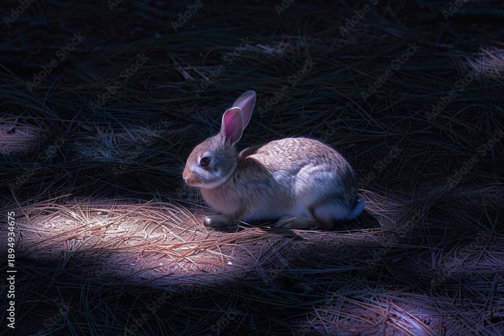 Fototapeta premium Wild rabbit resting on a bed of dry pine needles in a patch of light in a dark forest