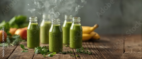 Blended green smoothie in small glass bottles with fresh fruits and vegetables behind