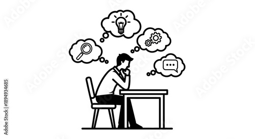 Man Sitting at Desk Thinking Deeply.