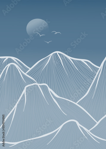 Minimalist Mountain range line art illustration. mountains landscape engraving. use for print art, poster, cover, banner