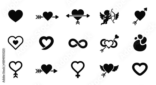 Collection of various heart and love themed icons in black silhouette, Generative AI.