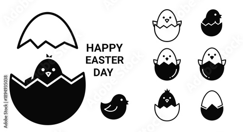 Cute Chicks Hatching from Easter Eggs Black and White Icons, Generative AI.