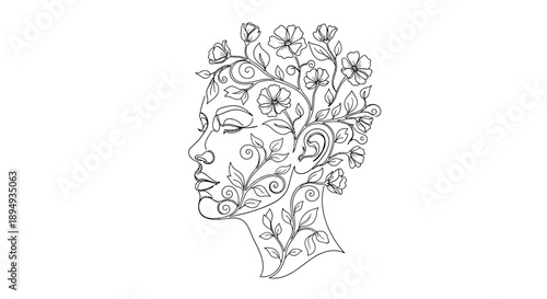 Woman Head with Floral Hair Illustration.